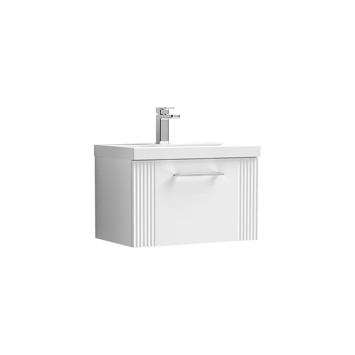 Deco 600mm Wall Hung Unit in Satin White with one drawer, white ceramic basin and chrome basin tap.