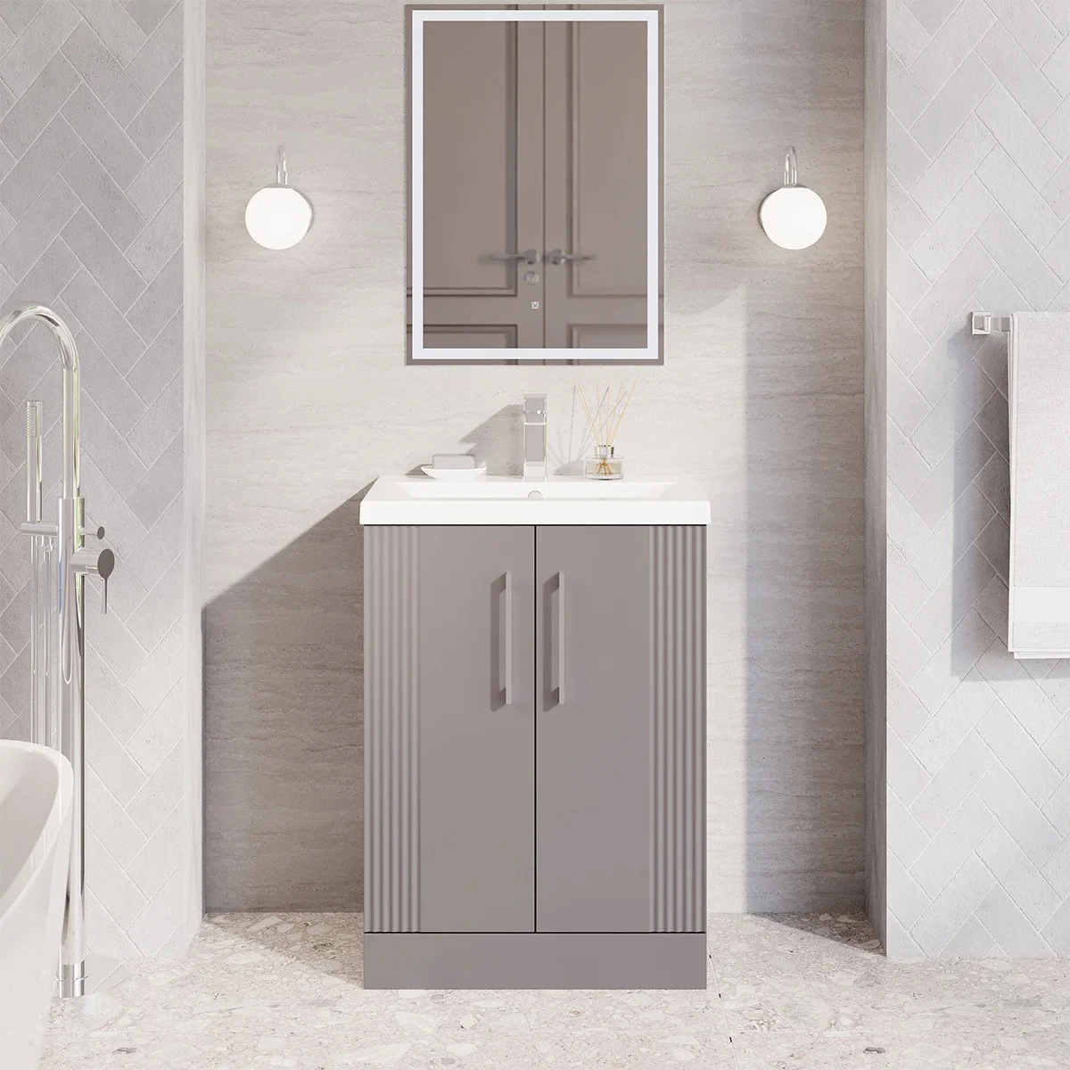 Deco 600mm Floor Standing 2 Door Vanity Unit & Basin - Satin Grey