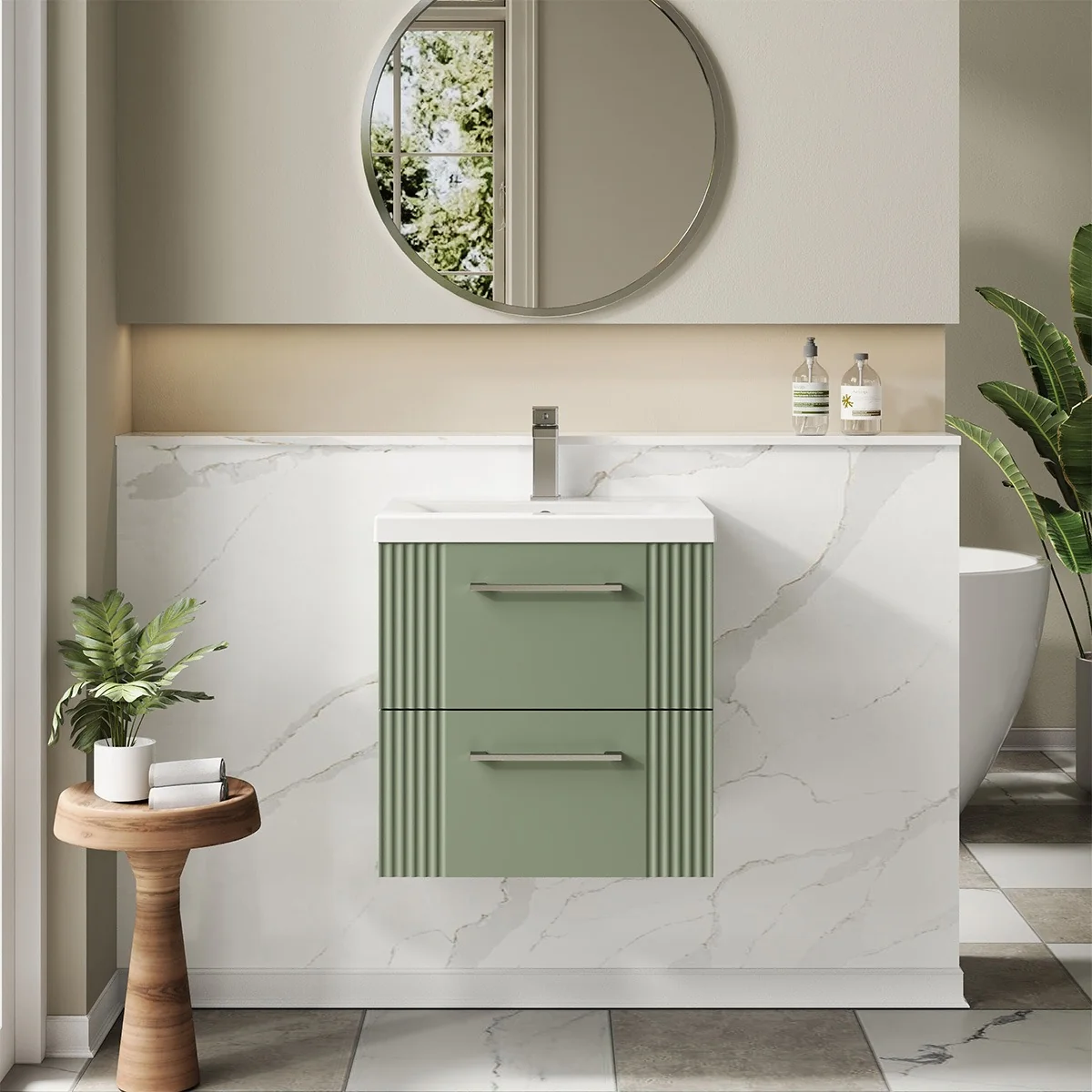 Deco 500mm Wall Hung 2 Drawer Vanity Unit & Basin - Satin Green Deco 500mm Wall Hung 2 Drawer Vanity Unit & Basin - Satin Green