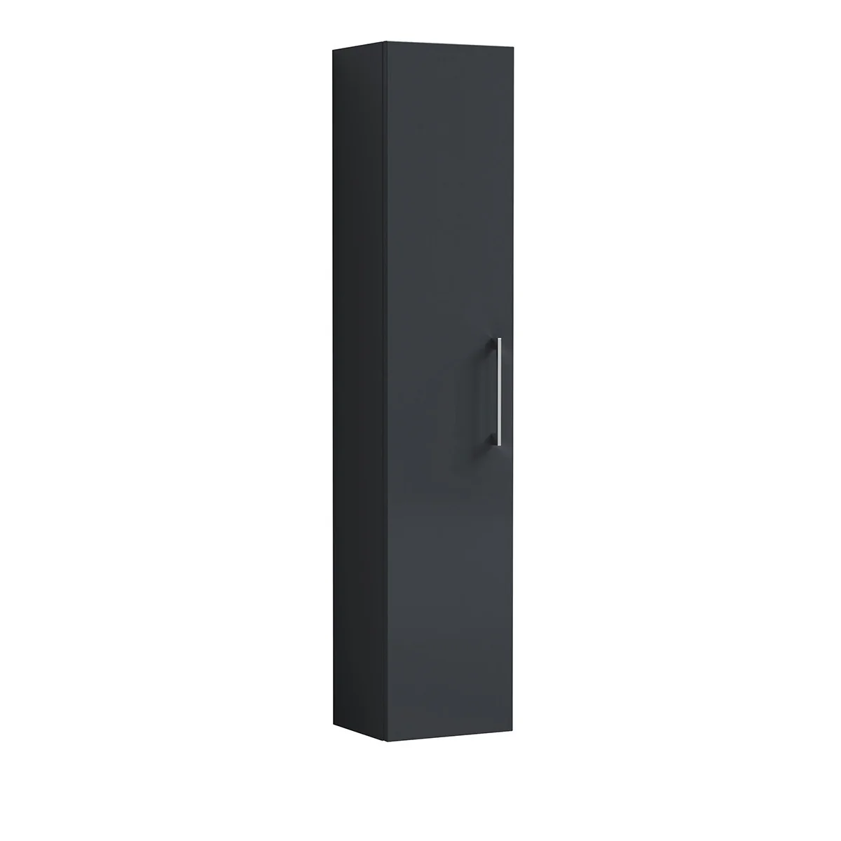 Arno 300mm gloss soft black tall bathroom storage unit with single door and slim chrome handle, shown against a white background.