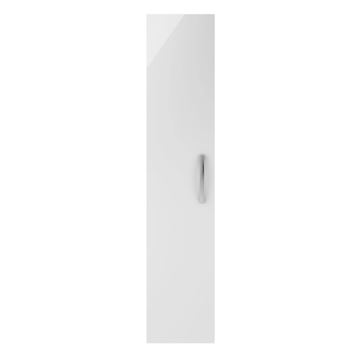 Arno 300mm gloss white tall bathroom storage unit with a single door and vertical handle, shown against a white background.