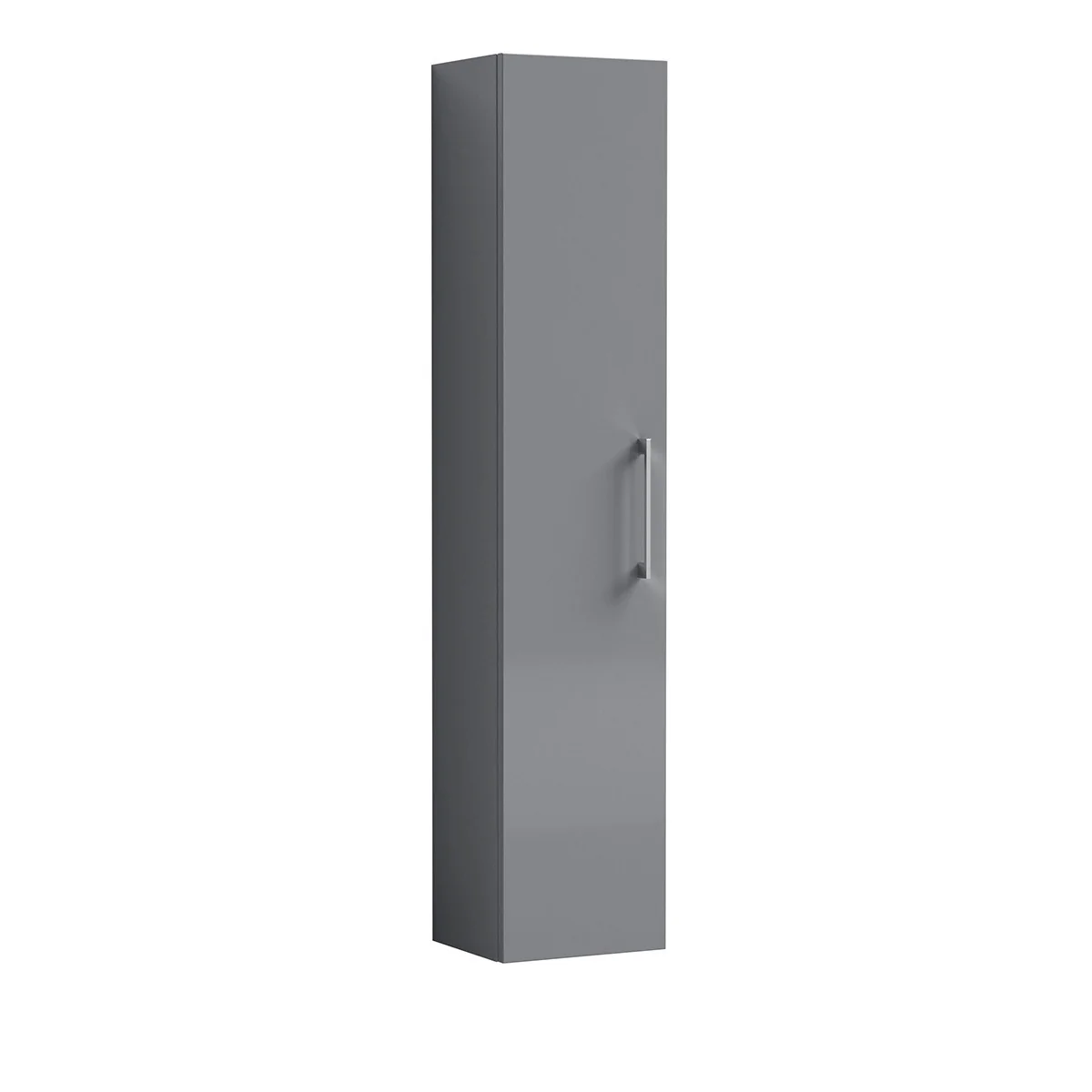 Arno 300mm satin grey tall bathroom storage unit with a sleek, handle-mounted door and a slim, contemporary design. The generous full-height cabinet provides useful storage while maintaining a clean and uncluttered appearance.