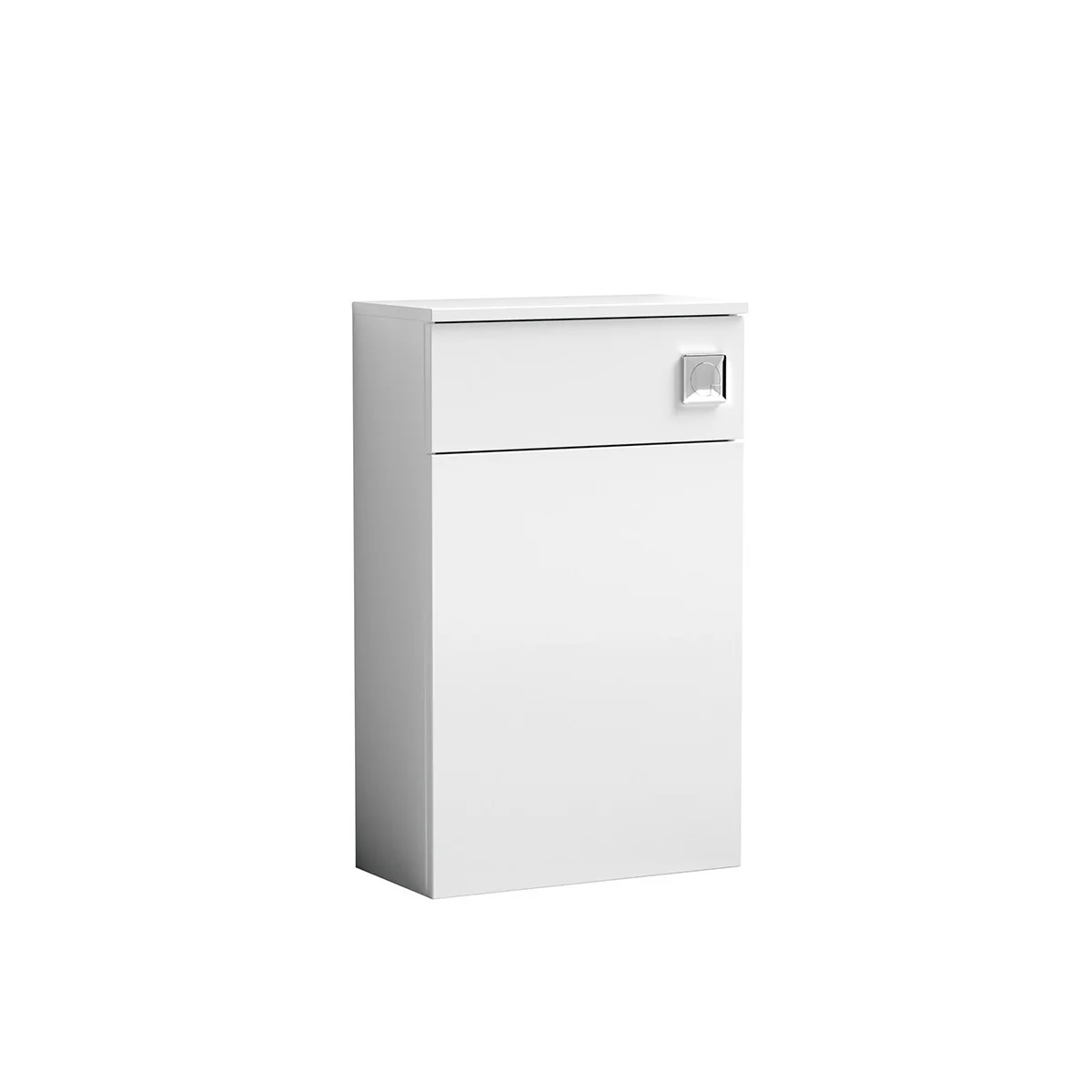 Arno 510mm gloss white WC unit with a single top drawer and chrome handle, designed to accommodate a concealed cistern, shown against a white background.