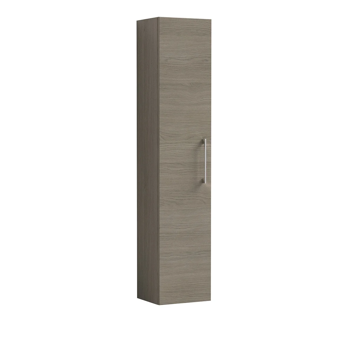 Arno 300mm Solace Oak tall bathroom unit with a single full-height door and slimline chrome handle, shown against a white background.