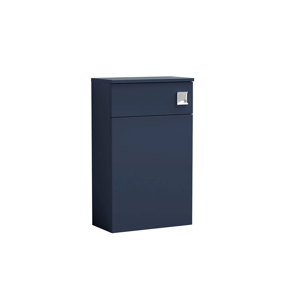 Arno 510mm Indigo Blue WC unit with concealed cistern storage, two front panels and chrome flush plate, shown against a white background.