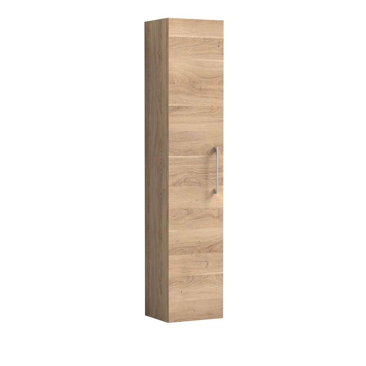 Arno 300mm Bleached Oak tall bathroom unit with a slim, space-saving design, single door and contemporary vertical handle. The natural wood-effect finish brings warmth and texture while providing useful additional bathroom storage.