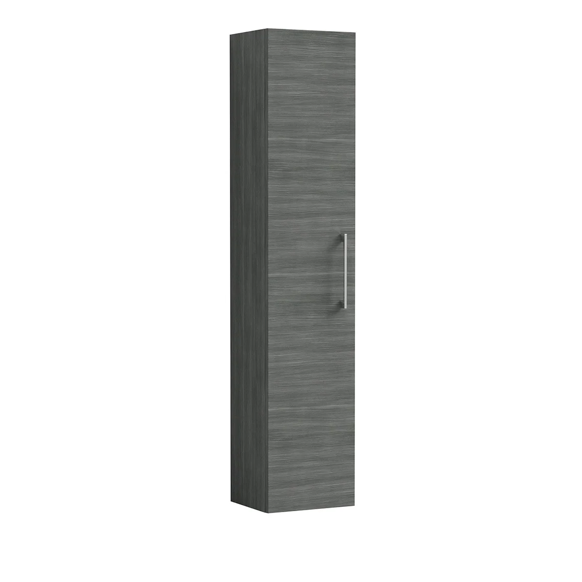 Arno 300mm Anthracite tall bathroom unit featuring a single door and sleek chrome handle. The slim design provides practical vertical storage while the dark wood-effect finish creates a contemporary look.