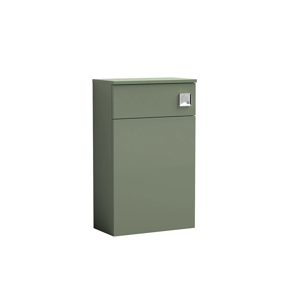 : Arno 510mm WC Unit in Green, designed to neatly conceal the cistern while creating a clean, streamlined finish around the toilet. The contemporary unit features a practical top storage drawer with a chrome push-button flush plate, paired with a spacious