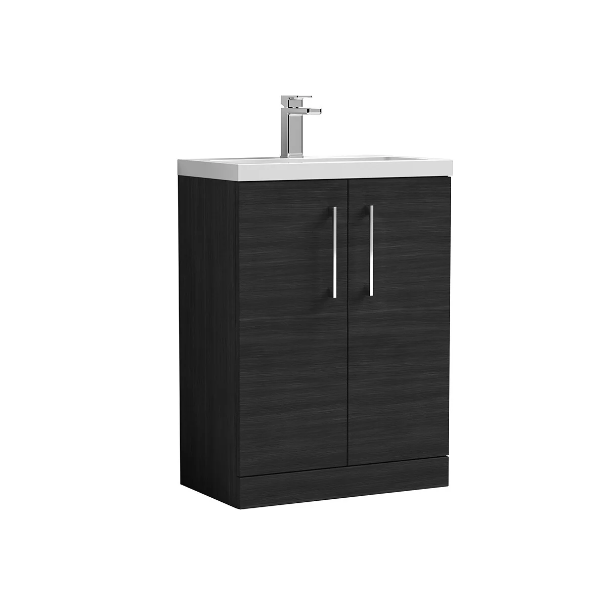 Arno 600mm Charcoal freestanding slim unit featuring two doors, sleek chrome handles and a white ceramic basin. The compact design offers practical storage while creating a clean and contemporary finish.