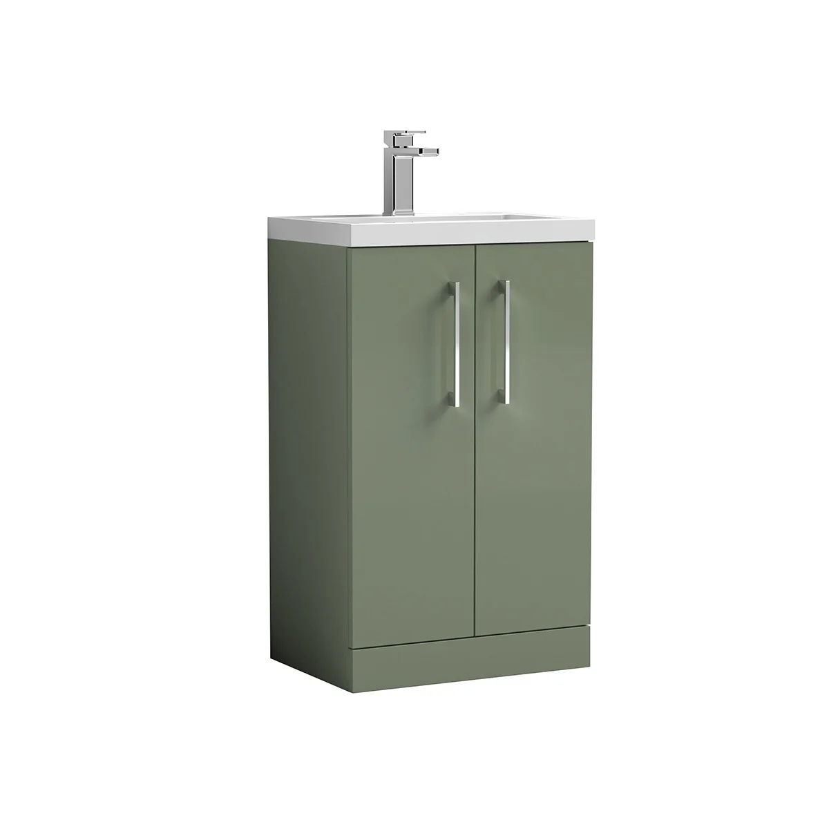 Arno 500mm Slim Floorstanding Vanity Unit in Green, complete with a white ceramic basin and two-door storage cupboard. The compact 500mm width makes it a practical choice for smaller bathrooms, while the chrome handles and clean, contemporary design creat