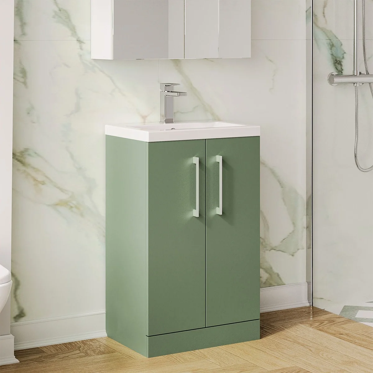 Arno 500mm Slim Floor Standing 2 Door Vanity Unit & Basin - Green