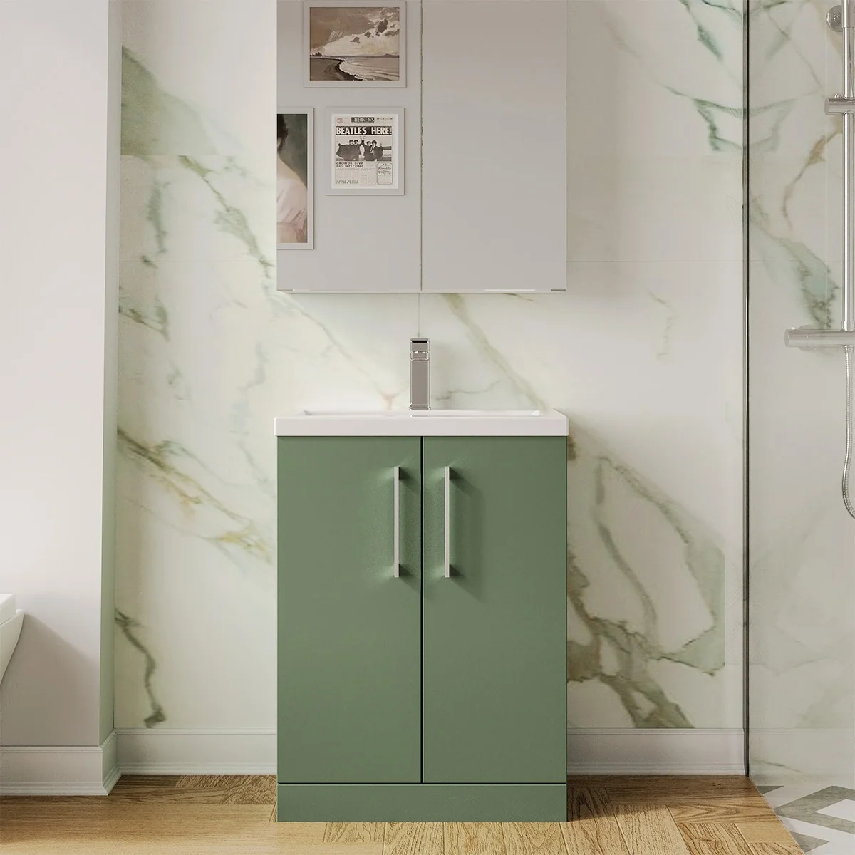 Arno 600mm Slim Floor Standing 2 Door Vanity Unit & Basin - Green