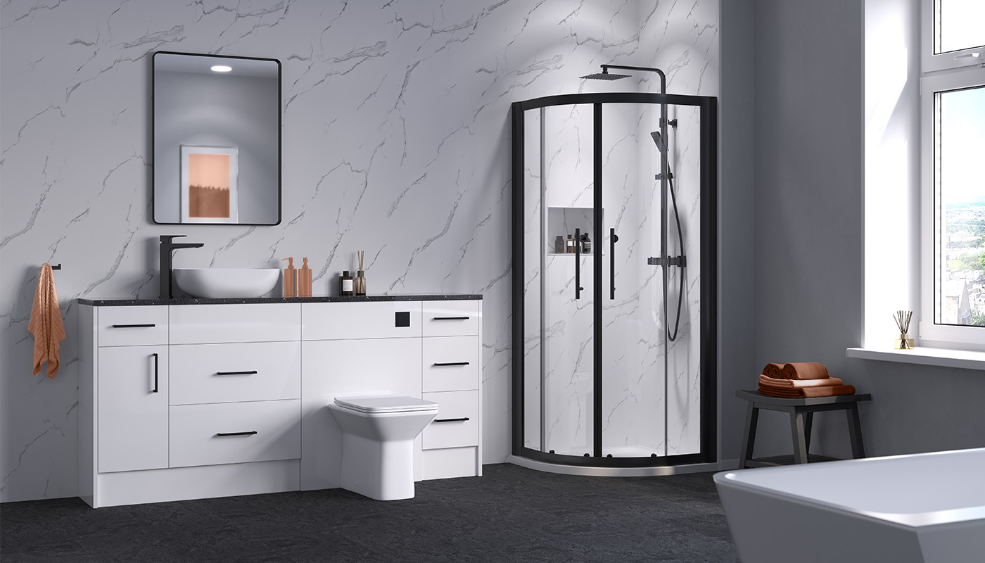 A contemporary bathroom with a white vanity unit featuring black hardware and a black countertop. A black framed mirror hangs above the unit. A corner shower enclosure with black hardware and a black shower head is in the corner. A freestanding bathtub sits next to a window with a view.