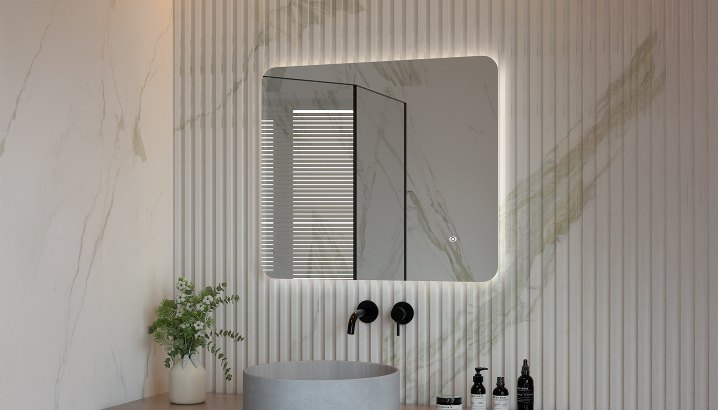 Elegant frameless bathroom mirror above vanity