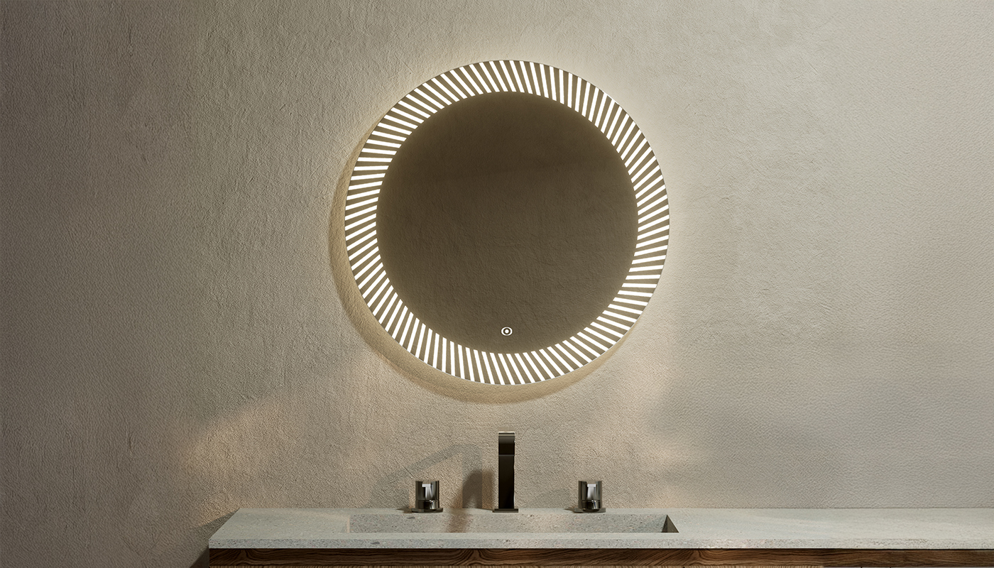 Round mirror reflecting natural light in a stylish bathroom